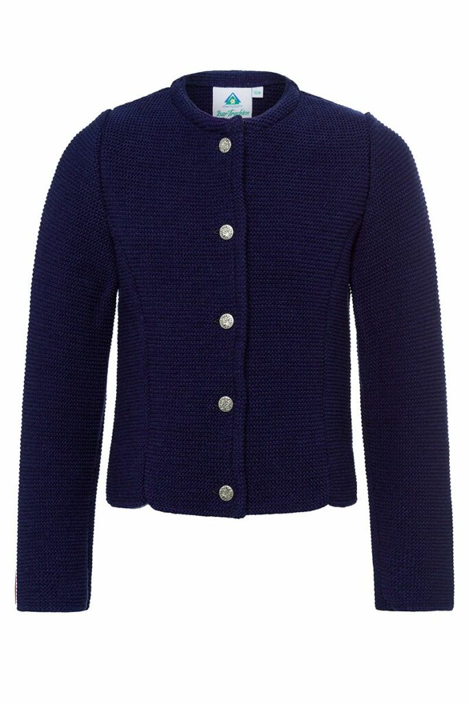 Isar-Trachten Strickjacke Amy Für Mädchen – Dunkelblau, Grobstrick, Mit Blumenknöpfen, Für Dirndl & Lederhose
